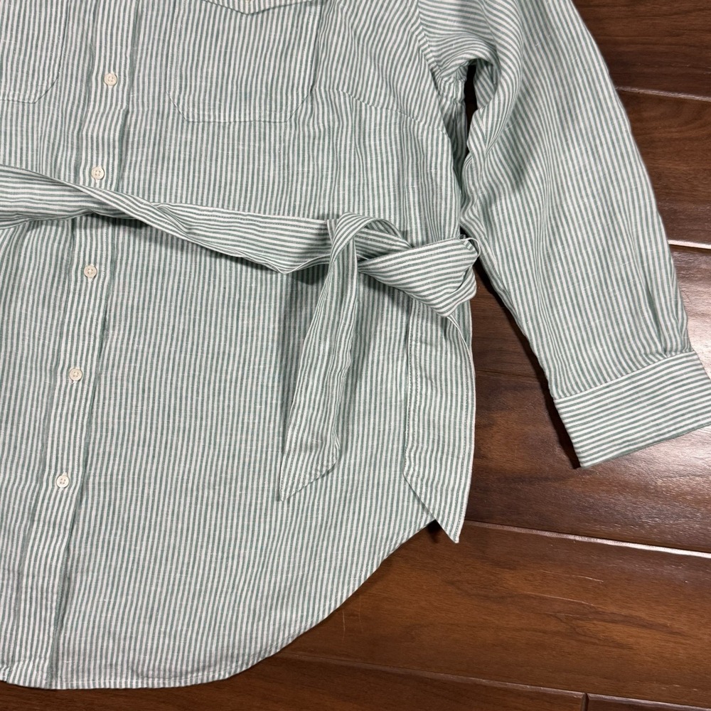 Lauren Ralph Lauren Women's Size 1X Green White Striped Belted Linen Shirt Top - Picture 3 of 10